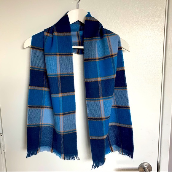 Blue and Yellow Tartan Scarf. Made in France. 60” - Picture 2 of 5
